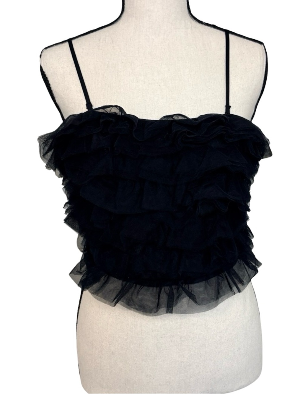 A New Day Black Tulle Ruffle Crop Top Sheer Babydoll Cami Balletcore L